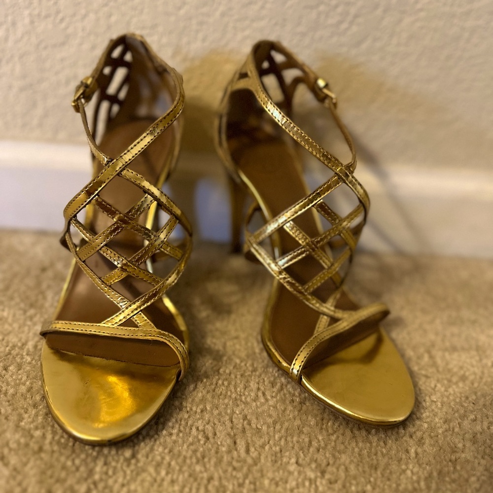 Tory Burch Amalie gold cage heels